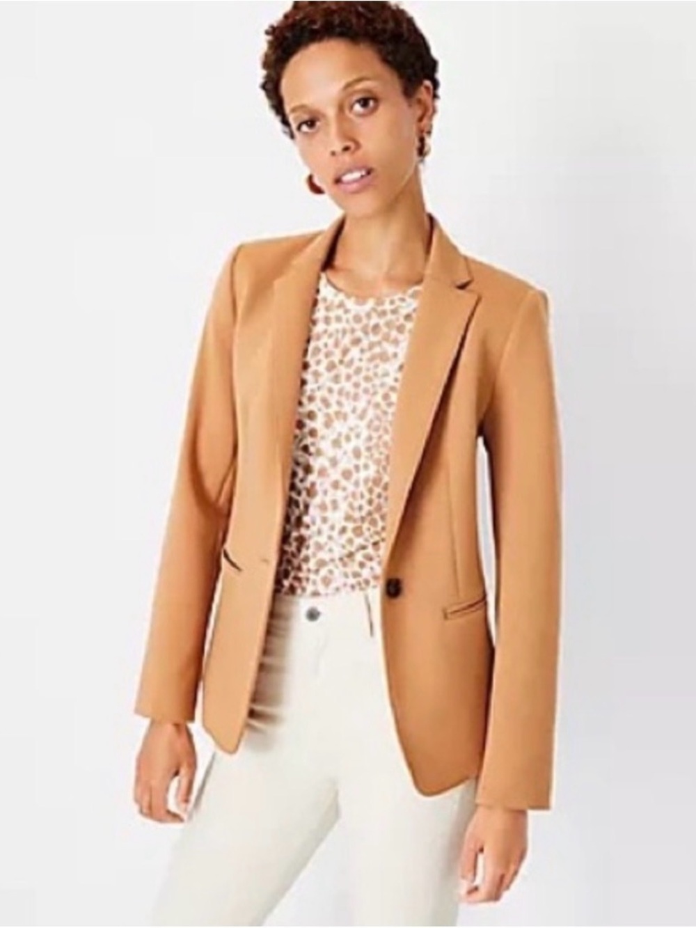 Tailored Camel Blazer - Women's Single-Button Jacket 14 Tall